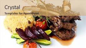  Presentation with couscous - Audience pleasing slide set consisting of grilled lamb carre with warm couscous salad roasted vegetables dijon mustard and red wine sauce backdrop and a yellow colored foreground