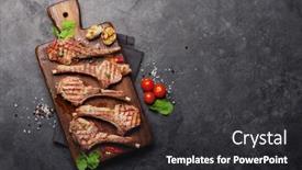  Presentation with vegetable cutting board - Theme with grilled-lamb-ribs-on-cutting background and a dark gray colored foreground
