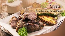  Presentation with grill - Audience pleasing slide deck consisting of grilled lamb with vegetables backdrop and a coral colored foreground