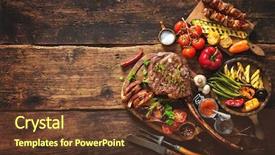  Presentation with meat - Colorful presentation theme enhanced with grilled meat and vegetables backdrop and a tawny brown colored foreground