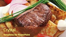  Presentation with meat beef - Amazing theme having grilled meat beef pork garnished with tomatoes salad in bowl green chives and tomatoes on side on wooden table backdrop and a tawny brown colored foreground