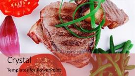  Presentation with steaks - PPT theme consisting of grilled meat beef steaks strips on white plate with sweet pea and tomatoes isolated over white background background and a red colored foreground