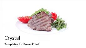  Presentation with steaks - Slide deck enhanced with grilled meat beef steaks strips on white plate with sweet pea and tomatoes isolated over white background background and a white colored foreground
