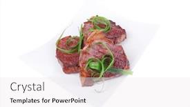  Presentation with meat beef - Beautiful slide deck featuring grilled meat beef steaks strips on white plate isolated over white background backdrop and a white colored foreground