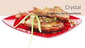  Presentation with green plate - Theme enhanced with grilled-meat-chicken-quarters-garnished background and a coral colored foreground
