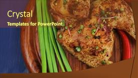  Presentation with red onion - Slides enhanced with grilled meat chicken quarters garnished with green onion pens and red peppers on wooden plate over blue wooden background background and a tawny brown colored foreground