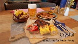  Presentation with corn - Audience pleasing PPT layouts consisting of grilled meat corn and shrimps backdrop and a coral colored foreground