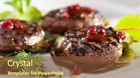  Presentation with sauce - Theme featuring grilled meat medallions with berries background and a tawny brown colored foreground