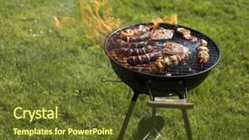  Presentation with summer outdoor bbq grill party - Presentation theme with grilled meat on a summer background and a tawny brown colored foreground