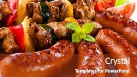  Presentation with sausages - Presentation design enhanced with grilled meat sausages and vegetables background and a tawny brown colored foreground