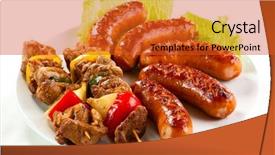  Presentation with meat poultry - Audience pleasing theme consisting of grilled meat sausages and vegetables backdrop and a red colored foreground