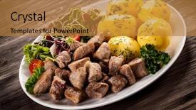  Presentation with dairy produce meat vegetables - Presentation theme consisting of grilled meat with boiled potatoes background and a gold colored foreground