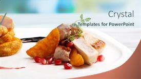  Presentation with pomegranate - PPT theme having grilled meat with fried potato pieces and pomegranate seeds on plate on wooden table on bright background background and a light blue colored foreground