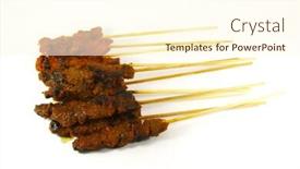  Presentation with grilled meats - Slide deck consisting of grilled meats skewered on bamboo sticks commonly found in asia background and a cream colored foreground