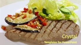  Presentation with minute - PPT theme enhanced with grilled minute steak slice garnished with sauteed eggplant aubergine and chopped tomatoes topped with grated cheese and served with a lettuce and cucumber salad background and a tawny brown colored foreground