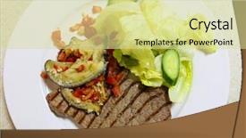  Presentation with minute - Beautiful PPT layouts featuring grilled minute steak slice seen from above garnished with eggplant aubergine and chopped tomatoes topped with grated cheese and served with a lettuce and cucumber salad backdrop and a blonde colored foreground
