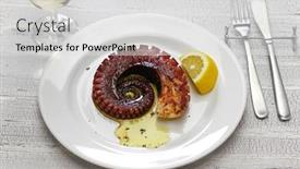  Presentation with olive oil - PPT layouts enhanced with grilled-octopus-with-lemon background and a light gray colored foreground