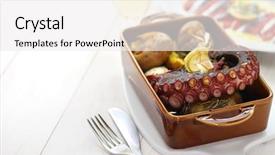  Presentation with octopus - Colorful presentation design enhanced with grilled octopus with potatoes polvo lagareiro portuguese cuisine backdrop and a white colored foreground