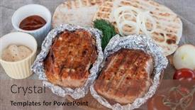  Presentation with grilled - PPT layouts featuring grilled-pork-meat-in-foil background and a coral colored foreground