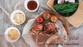  Presentation with grilled - Presentation design consisting of grilled-pork-meat-in-foil background and a coral colored foreground