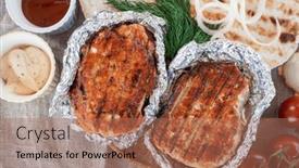  Presentation with grilled - PPT theme with grilled-pork-meat-in-foil background and a coral colored foreground