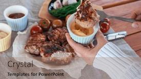  Presentation with rest - Presentation design having grilled-pork-meat-in-foil background and a coral colored foreground