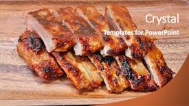  Presentation with pork shredded on grill banana - Colorful slides enhanced with grilled pork ribs on wooden backdrop and a coral colored foreground