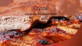  Presentation with pork shredded on grill banana - Presentation theme having grilled pork ribs on wooden background and a coral colored foreground