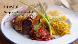  Presentation with ribs - Slides featuring grilled pork ribs with sauerkraut and mash potatoes on restaurant table - hearty dish background and a coral colored foreground