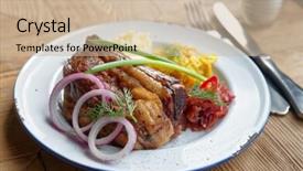  Presentation with ribs - Theme with grilled pork ribs with sauerkraut and mashed potatoes on restaurant table - hearty dish background and a soft green colored foreground