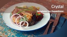  Presentation with ribs - Colorful presentation design enhanced with grilled pork ribs with sauerkraut and mashed potatoes on old grunge peeled painted table toned image backdrop and a tawny brown colored foreground