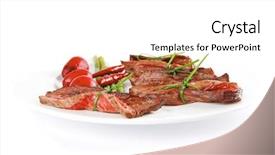  Presentation with meat beef - Presentation design featuring grilled red beef meat rolls with asparagus and hot spices on china plate isolated over white background background and a white colored foreground