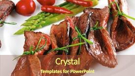  Presentation with meat beef - Cool new PPT theme with grilled red beef meat rolls with asparagus and hot spices on china plate isolated over white background backdrop and a tawny brown colored foreground