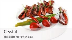  Presentation with beef meat soup stew - Presentation design featuring grilled red beef meat rolls with asparagus and hot spices on china plate isolated over white background background and a lemonade colored foreground