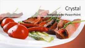  Presentation with meat beef - Audience pleasing PPT theme consisting of grilled red beef meat rolls with asparagus and hot spices on china plate isolated over white background backdrop and a white colored foreground