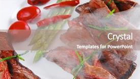  Presentation with meat beef - Presentation theme having grilled red beef meat rolls with asparagus and hot spices on china plate isolated over white background background and a coral colored foreground