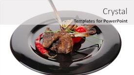  Presentation with ribs - Amazing PPT theme having grilled ribs on black plate with vegetables backdrop and a light gray colored foreground