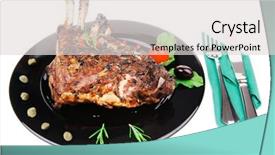  Presentation with ribs - Amazing presentation design having grilled ribs rack over black plate with cutlery backdrop and a light gray colored foreground