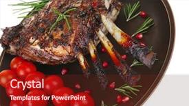  Presentation with ribs - Audience pleasing theme consisting of grilled ribs with cherry on dark plate backdrop and a tawny brown colored foreground