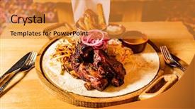  Presentation with french restaurant - PPT theme having grilled ribs with french fries background and a  colored foreground