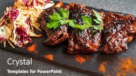  Presentation with ribs - Beautiful presentation design featuring grilled-ribs-with-fresh-salad backdrop and a tawny brown colored foreground