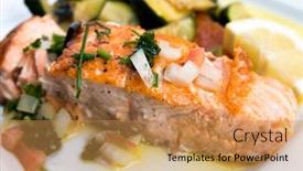  Presentation with salmon dish - Slide deck with grilled salmon and lemon - french cuisine dish with tomato and salmon background and a gold colored foreground