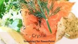  Presentation with salmon dish - Presentation consisting of grilled-salmon-and-lemon-french background and a yellow colored foreground