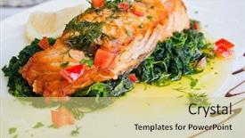  Presentation with salmon dish - Audience pleasing PPT layouts consisting of grilled salmon and lemon - french cuisine dish with tomato and salmon backdrop and a yellow colored foreground