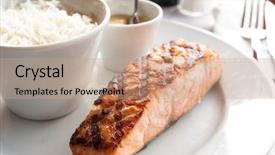  Presentation with salmon dish - Audience pleasing PPT theme consisting of grilled salmon and rice-french cuisine dish with tomato and salmon backdrop and a coral colored foreground