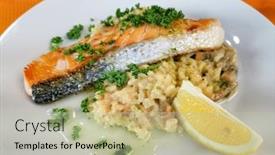  Presentation with salmon dish - Beautiful presentation theme featuring grilled-salmon-and-rice-french backdrop and a mint green colored foreground