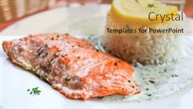  Presentation with salmon dish - Slide deck featuring grilled salmon and rice-french cuisine dish with lemon and salmon background and a yellow colored foreground