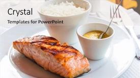  Presentation with salmon dish - Presentation theme enhanced with grilled salmon and rice-french cuisine dish with salmon background and a soft green colored foreground