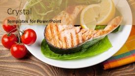  Presentation with salmon - Amazing presentation design having grilled salmon and salad on wooden table backdrop and a yellow colored foreground