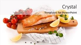  Presentation with grilled - Colorful PPT theme enhanced with grilled salmon and vegetables backdrop and a sky blue colored foreground